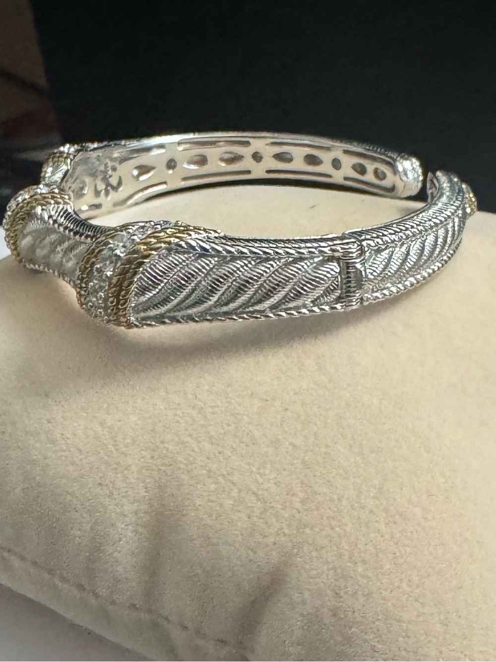 Judith Ripka 925 Silver Braided Cuff Bracelet w/Gold Texture Trim & Diamonique - Picture 4 of 13